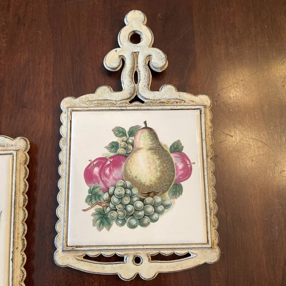 Vintage Midcentury Trivets Tile Cast Iron Kitchen Wall Art Japan Set 2 Fruit 60s